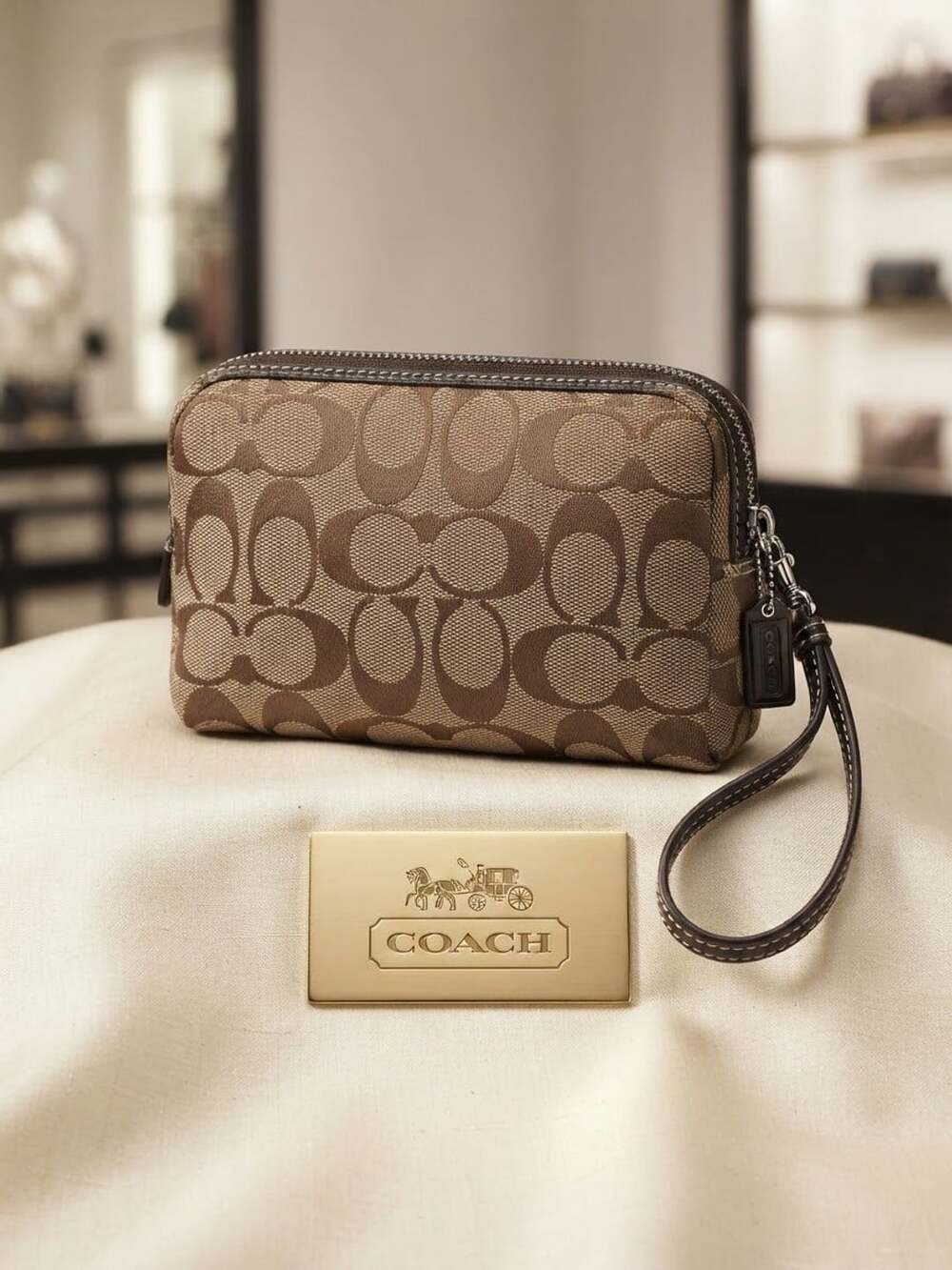 Coach Vintage Signature Brown Canvas Double Zip Wristlet Cosmetics Pouch